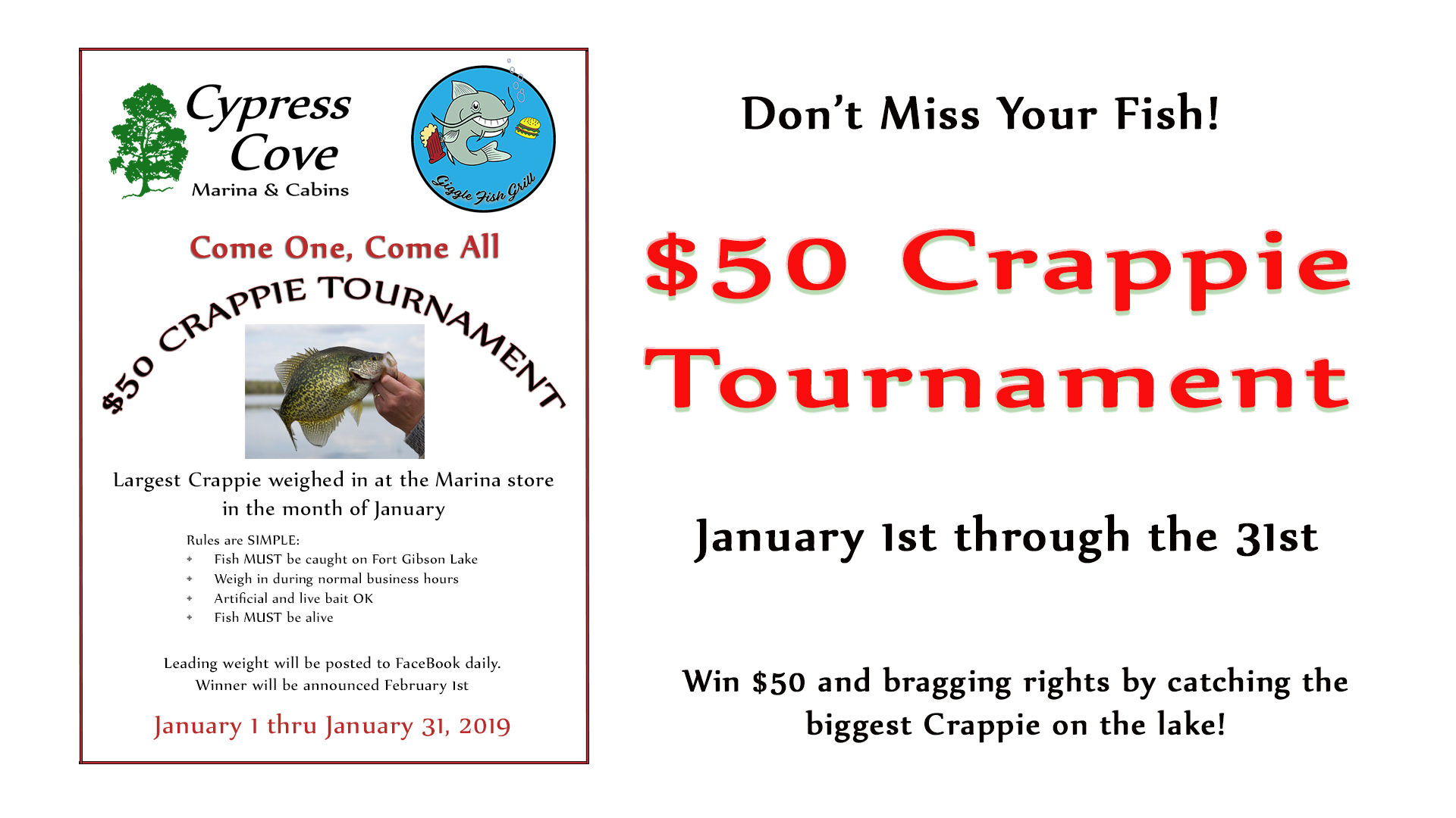 $50 Crappie Tournament from January 1st till the 31st!